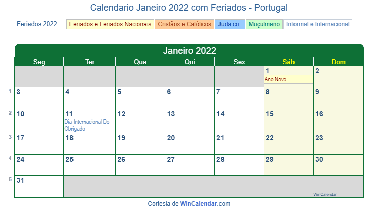 Calendário português de Janeiro de 2022 em formato de imagem para impressão.