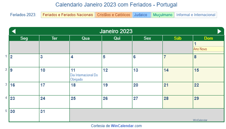 Calendário de Janeiro de 2023 para impressão - Portugal