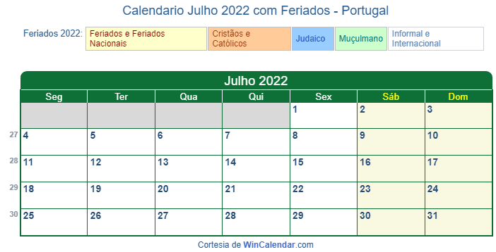 Calendário português de Julho de 2022 em formato de imagem para impressão.