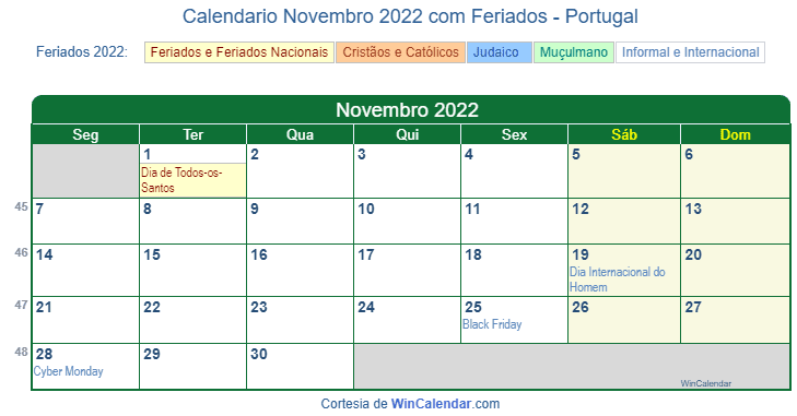 Calendário português de Novembro de 2022 em formato de imagem para impressão.