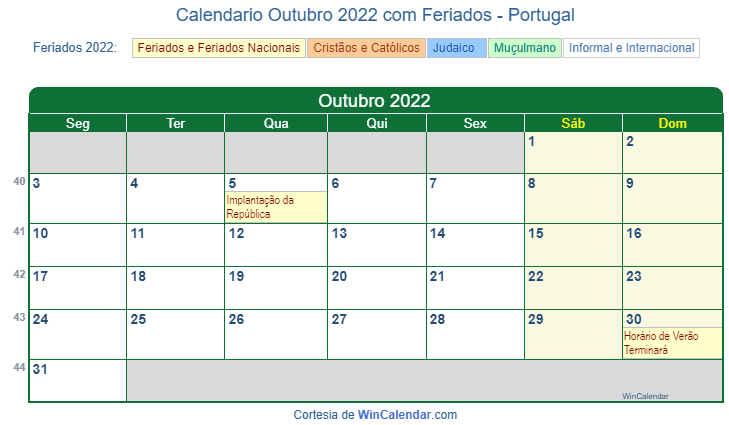 Calendário português de Outubro de 2022 em formato de imagem para impressão.