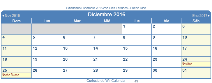Calendario Puerto Rico Diciembre 2016 en formato de imagen para usarlo como un calendario imprimible.