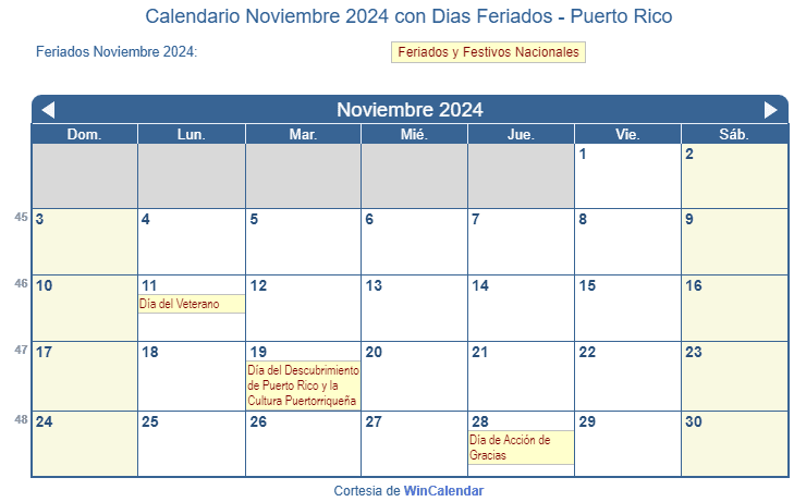 Calendario Noviembre 2024 Para Imprimir - Puerto Rico