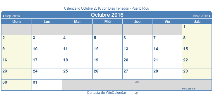 Calendario Puerto Rico Octubre 2016 en formato de imagen para usarlo como un calendario imprimible.
