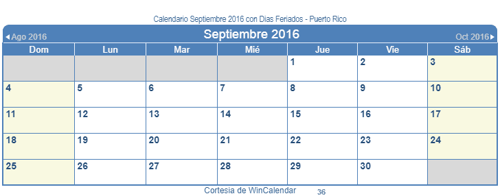 Calendario Puerto Rico Septiembre 2016 en formato de imagen para usarlo como un calendario imprimible.