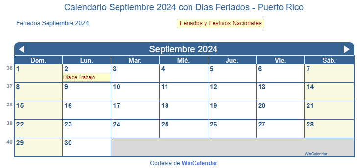 Calendario Puerto Rico Septiembre 2024 en formato de imagen para imprimir.