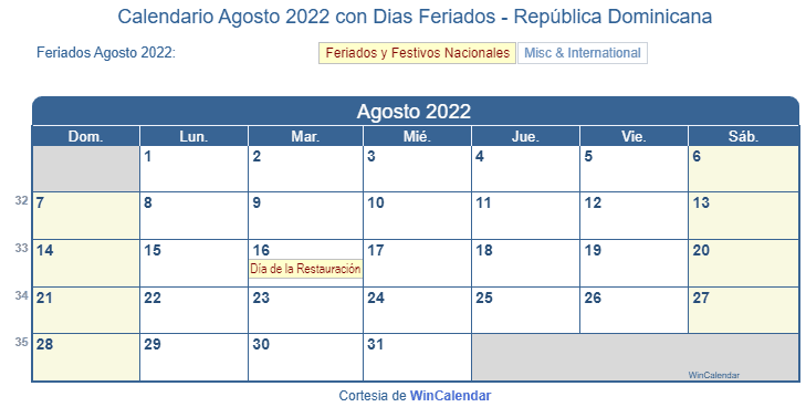Calendario Republica Dominicana Agosto 2022 en formato de imagen para imprimir.