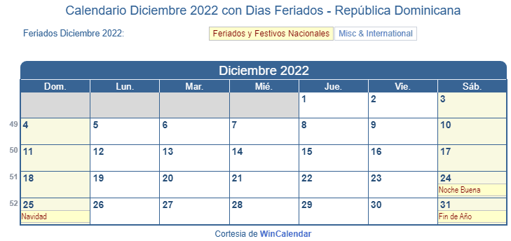 Calendario Republica Dominicana Diciembre 2022 en formato de imagen para imprimir.