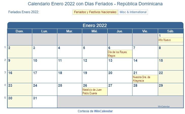 Calendario Republica Dominicana Enero 2022 en formato de imagen para imprimir.