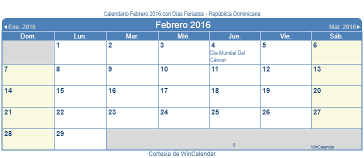 Calendario Republica Dominicana Febrero 2016 en formato de imagen para usarlo como un calendario imprimible.