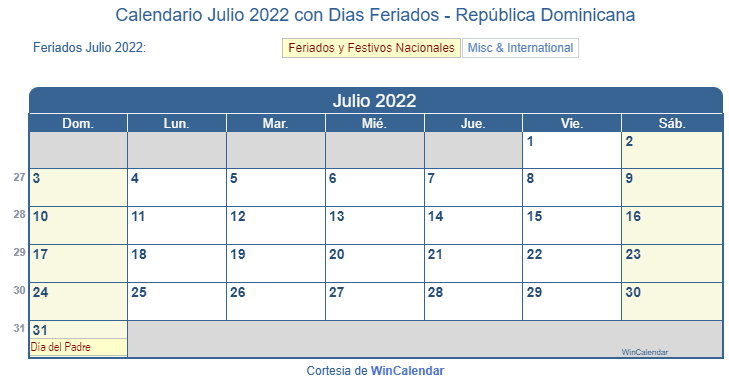 Calendario Republica Dominicana Julio 2022 en formato de imagen para imprimir.