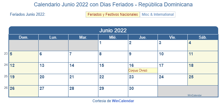 Calendario Republica Dominicana Junio 2022 en formato de imagen para imprimir.
