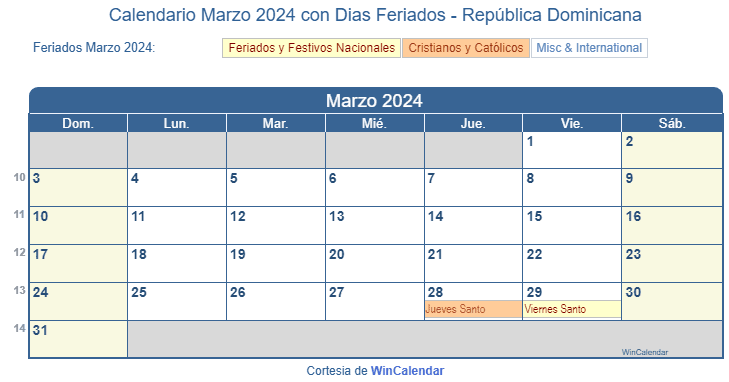 Calendario Republica Dominicana Marzo 2024 en formato de imagen para imprimir.