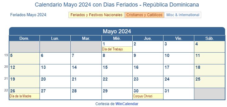 Calendario Republica Dominicana Mayo 2024 en formato de imagen para imprimir.