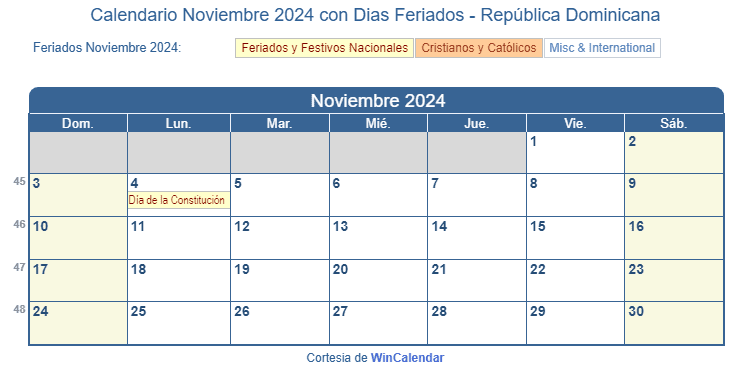 Calendario Republica Dominicana Noviembre 2024 en formato de imagen para imprimir.