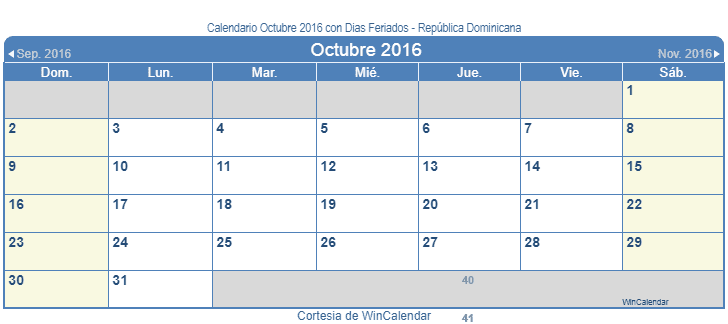 Calendario Republica Dominicana Octubre 2016 en formato de imagen para usarlo como un calendario imprimible.