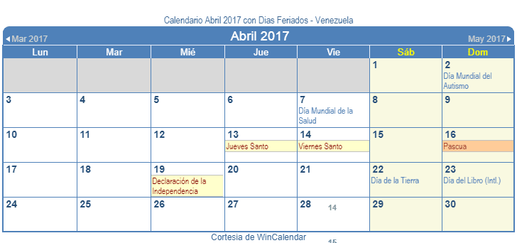 Calendario Venezolano Abril 2017 en formato de imagen para usarlo como un calendario imprimible.