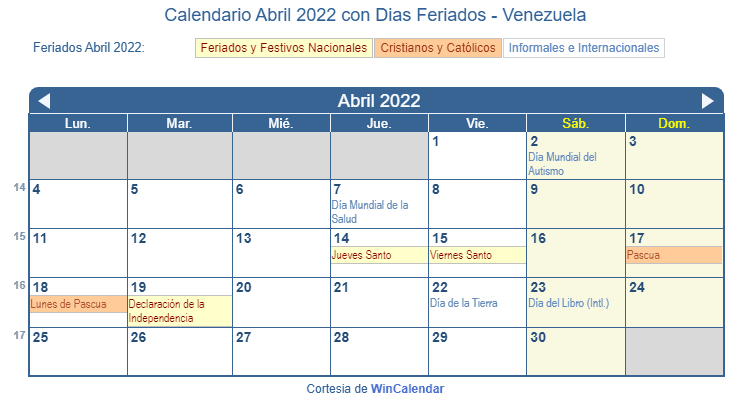 Calendario Venezolano Abril 2022 en formato de imagen para imprimir.