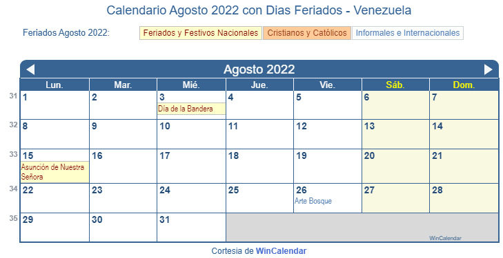 Calendario Venezolano Agosto 2022 en formato de imagen para imprimir.