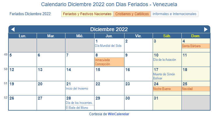 Calendario Venezolano Diciembre 2022 en formato de imagen para imprimir.