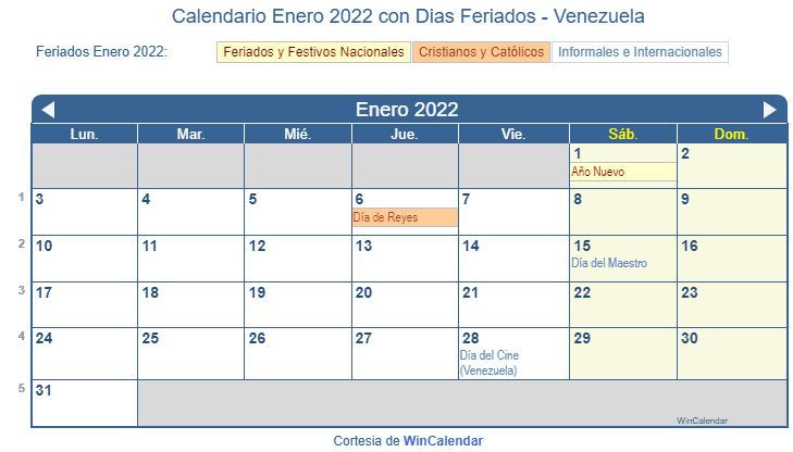 Calendario Venezolano Enero 2022 en formato de imagen para imprimir.