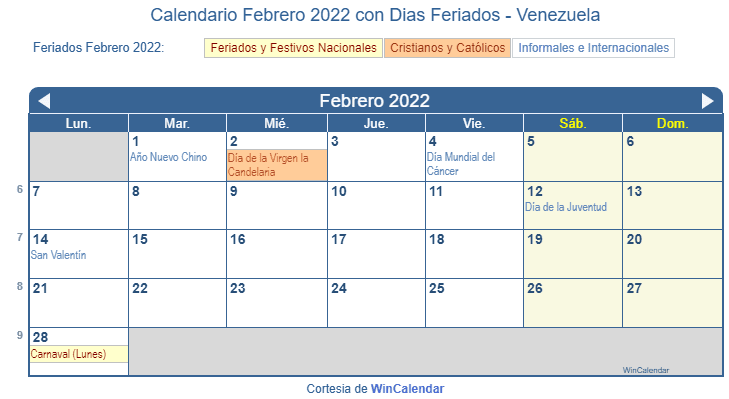 Calendario Venezolano Febrero 2022 en formato de imagen para imprimir.