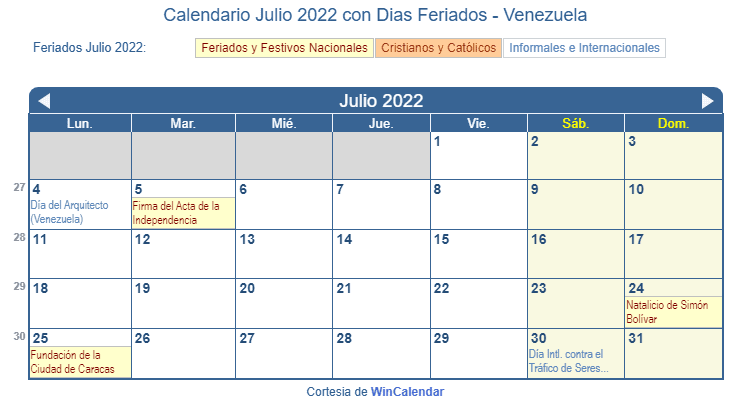 Calendario Venezolano Julio 2022 en formato de imagen para imprimir.