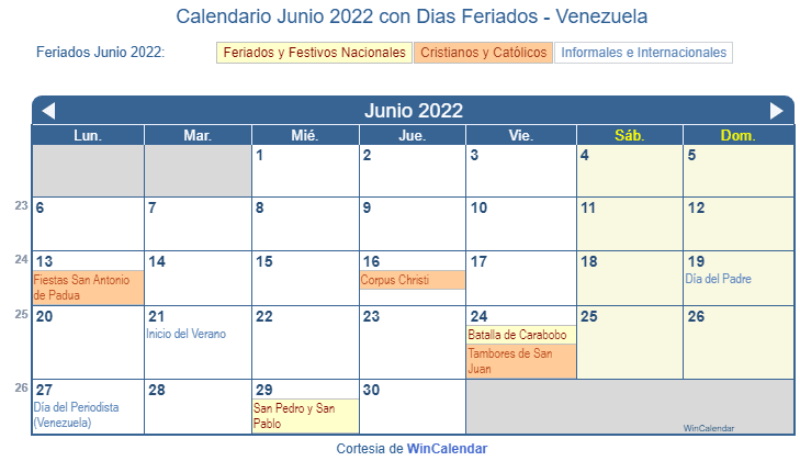 Calendario Venezolano Junio 2022 en formato de imagen para imprimir.