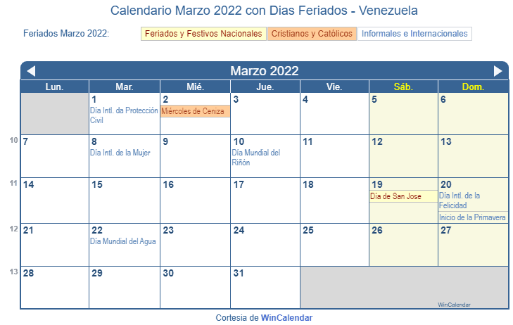 Calendario Venezolano Marzo 2022 en formato de imagen para imprimir.