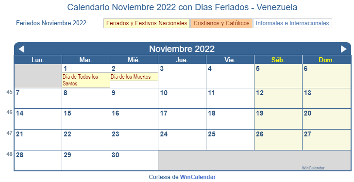 Calendario Venezolano Noviembre 2022 en formato de imagen para imprimir.