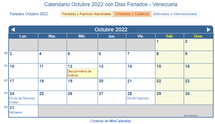 Calendario Venezolano Octubre 2022 en formato de imagen para imprimir.