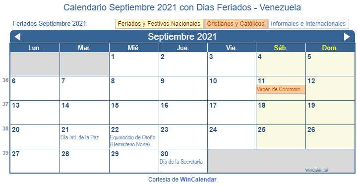 Calendario Venezolano Septiembre 2021 en formato de imagen para imprimir.