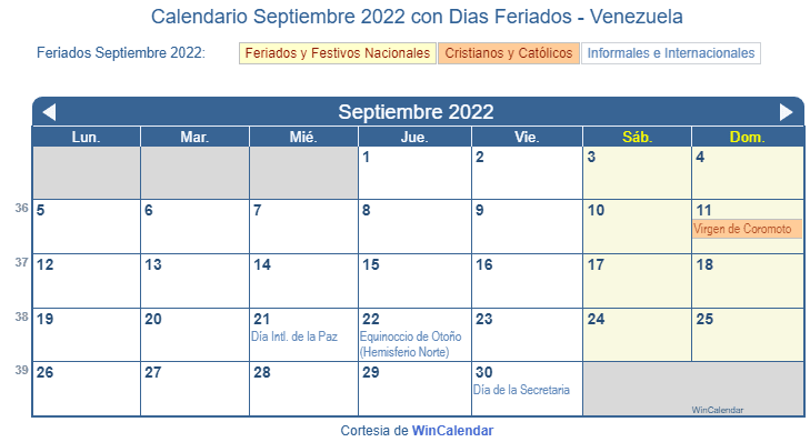 Calendario Venezolano Septiembre 2022 en formato de imagen para imprimir.