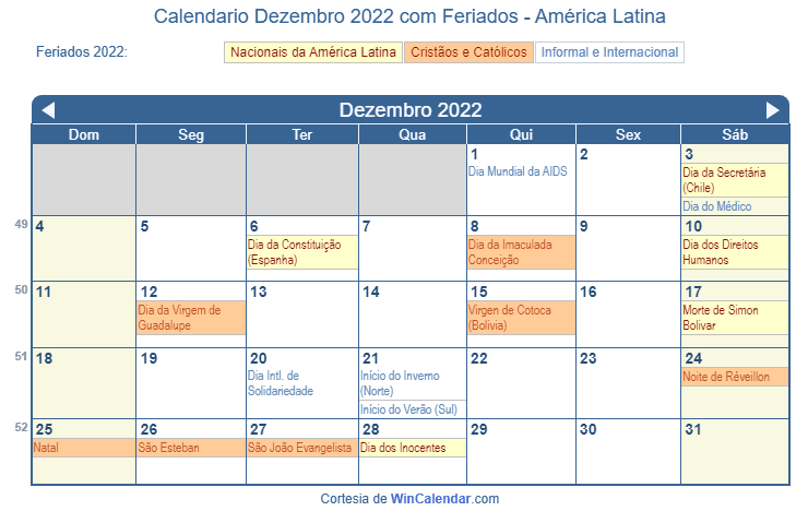 Calendário Latino-Americano de Dezembro de 2022 em formato de imagem para impressão.