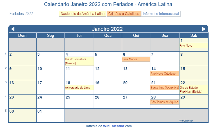Calendário Latino-Americano de Janeiro de 2022 em formato de imagem para impressão.