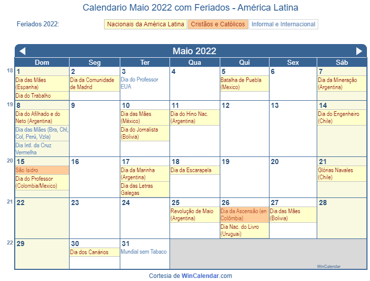 Calendário Latino-Americano de Maio de 2022 em formato de imagem para impressão.