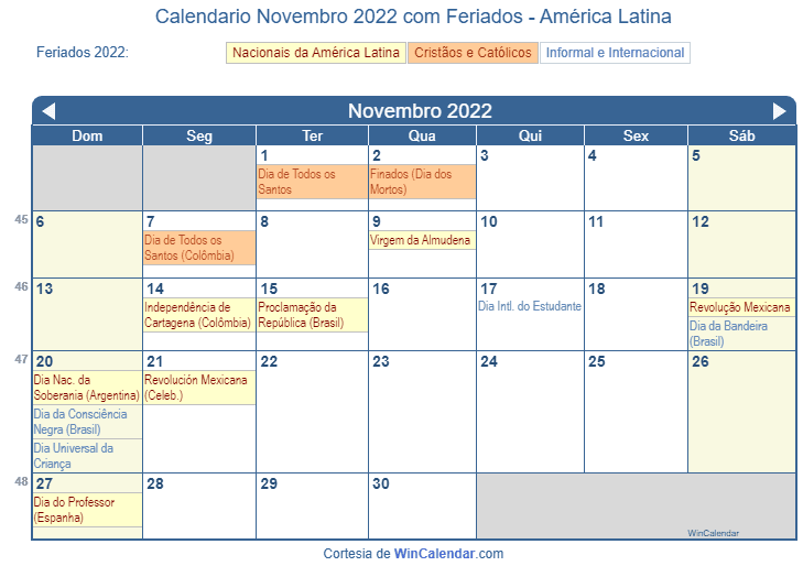 Calendário Latino-Americano de Novembro de 2022 em formato de imagem para impressão.