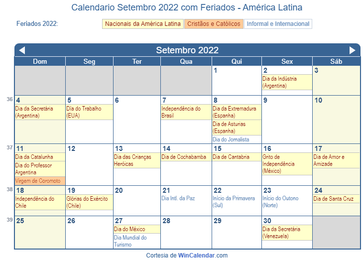 Calendário Latino-Americano de Setembro de 2022 em formato de imagem para impressão.
