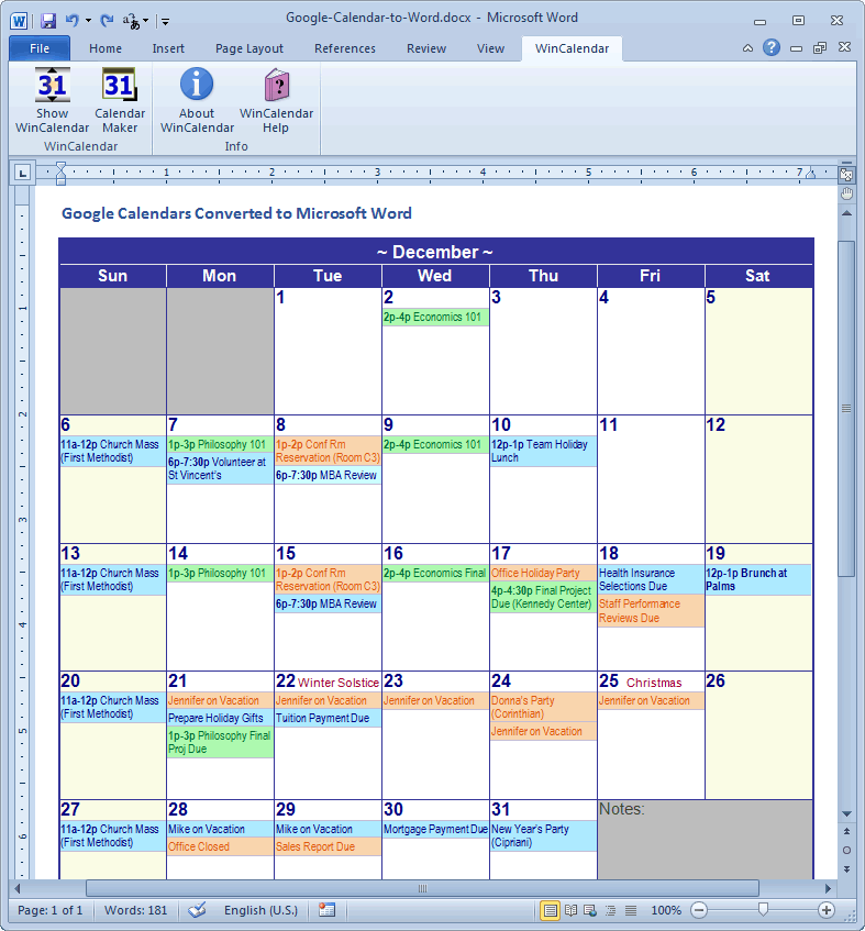 Import Google Calendar to Excel and Word