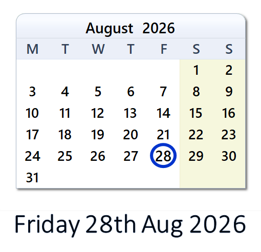 28 Aug, 2026: Holidays, Top Events, Sports & Countdown - India