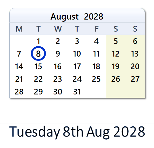 8 August 2028 Calendar with Holidays and Count Down - GBR