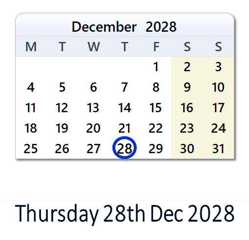28 December 2028 Calendar with EU Holidays & Count Down