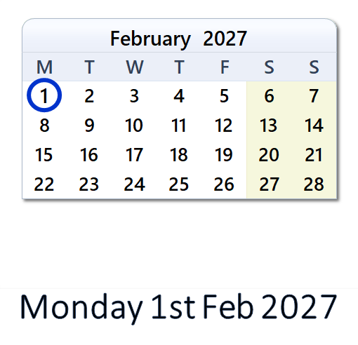 February 1, 2027 Calendar with Holiday info and Count Down - IND