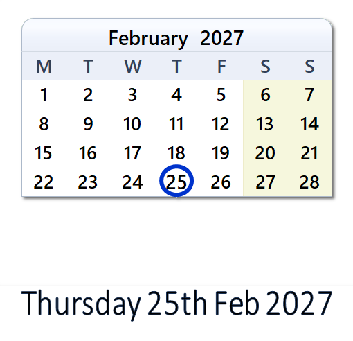 February 25, 2027 Calendar with Holiday info and Count Down ...