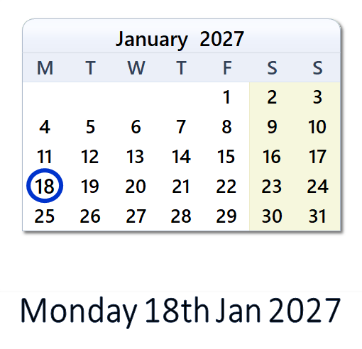 18 Jan 2027: EU Holidays, Events, Sports & Countdown - EU