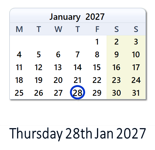 28 Jan 2027: EU Holidays, Events, Sports & Countdown - EU
