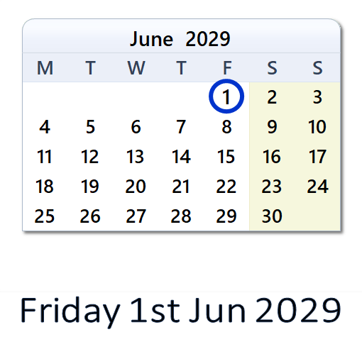 June 1, 2029 Calendar with Holiday info and Count Down - IND