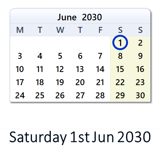 1 June 2030 Calendar with Holidays and Count Down - GBR