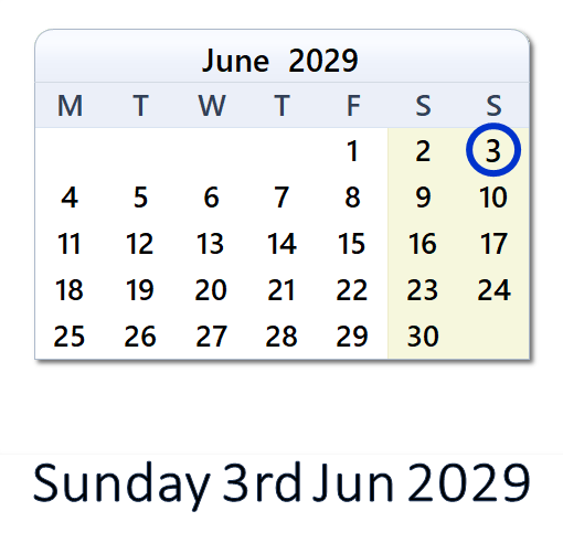 3 June 2029 Calendar with Holidays and Count Down - AUS