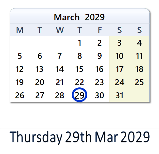 march 2024 (version ) Images High Quality Grahic March 29, 2029 Calendar with Holiday info and Count Down - IND